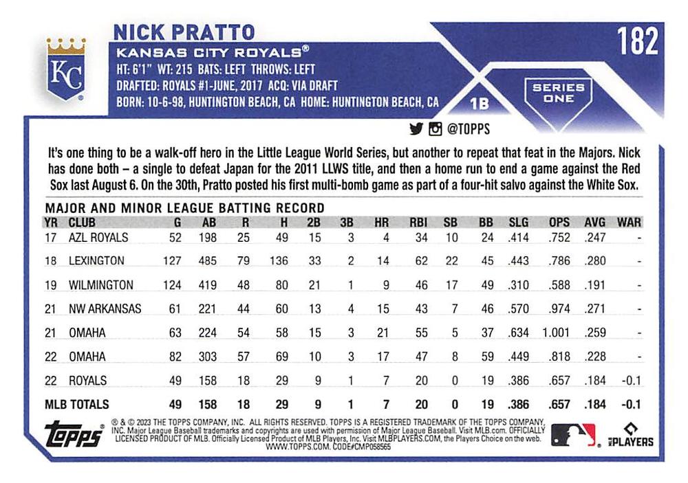 2023 Topps Gold Star Nick Pratto Rookie #182 Kansas City Royals