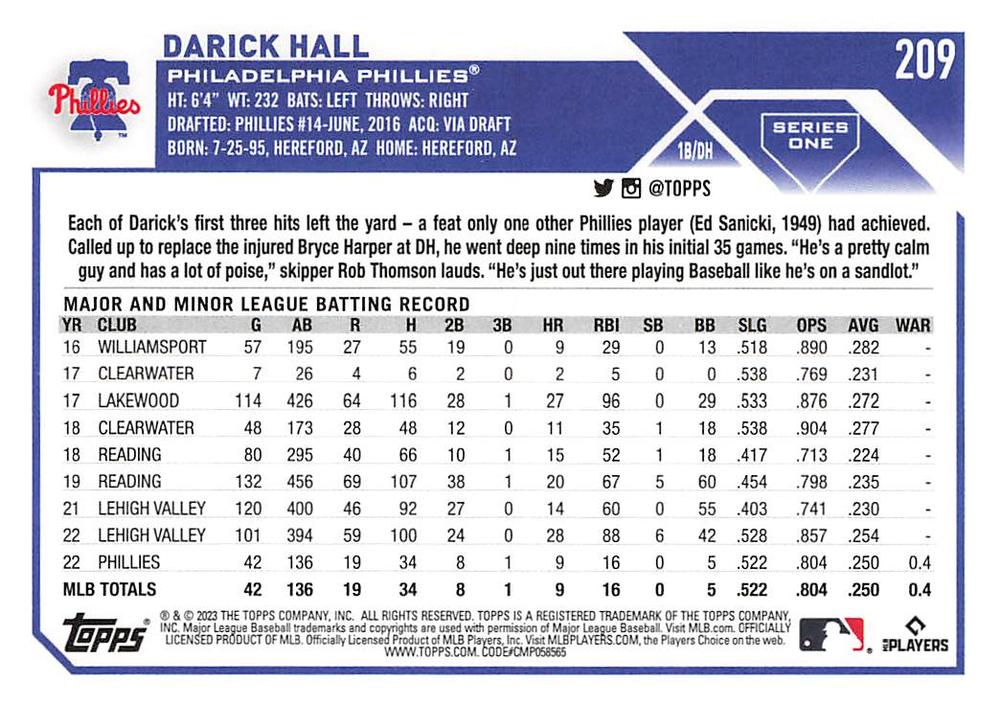 2023 Topps Gold Star Darick Hall Rookie #209 Philadelphia Phillies