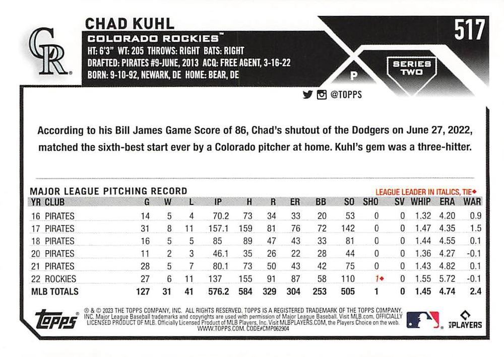 2023 Topps Gold Star Gold Star Chad Kuhl #517 Colorado Rockies