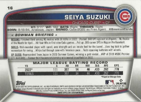 2023 Bowman Chrome Seiya Suzuki #16 Chicago Cubs