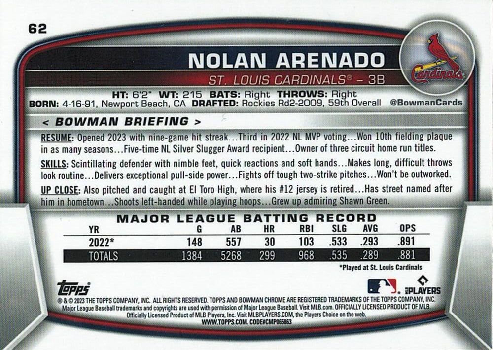 2023 Bowman Chrome Nolan Arenado #62 St. Louis Cardinals