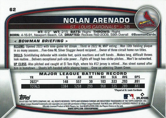 2023 Bowman Chrome Nolan Arenado #62 St. Louis Cardinals