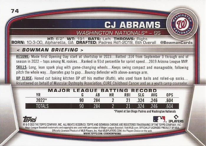 2023 Bowman Chrome CJ Abrams #74 Washington Nationals