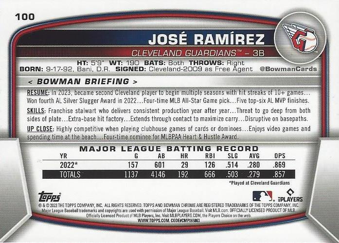 2023 Bowman Chrome José RamÃrez #100 Cleveland Guardians