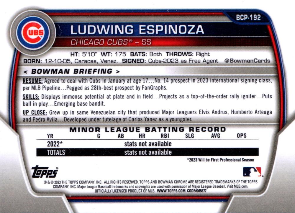 2023 Bowman Chrome Prospects Ludwing Espinoza BCP-192 Chicago Cubs