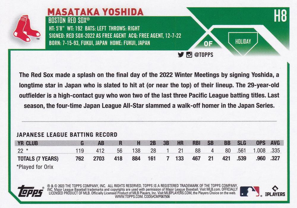 2023 Topps Holiday Masataka Yoshida RC H8 Boston Red Sox