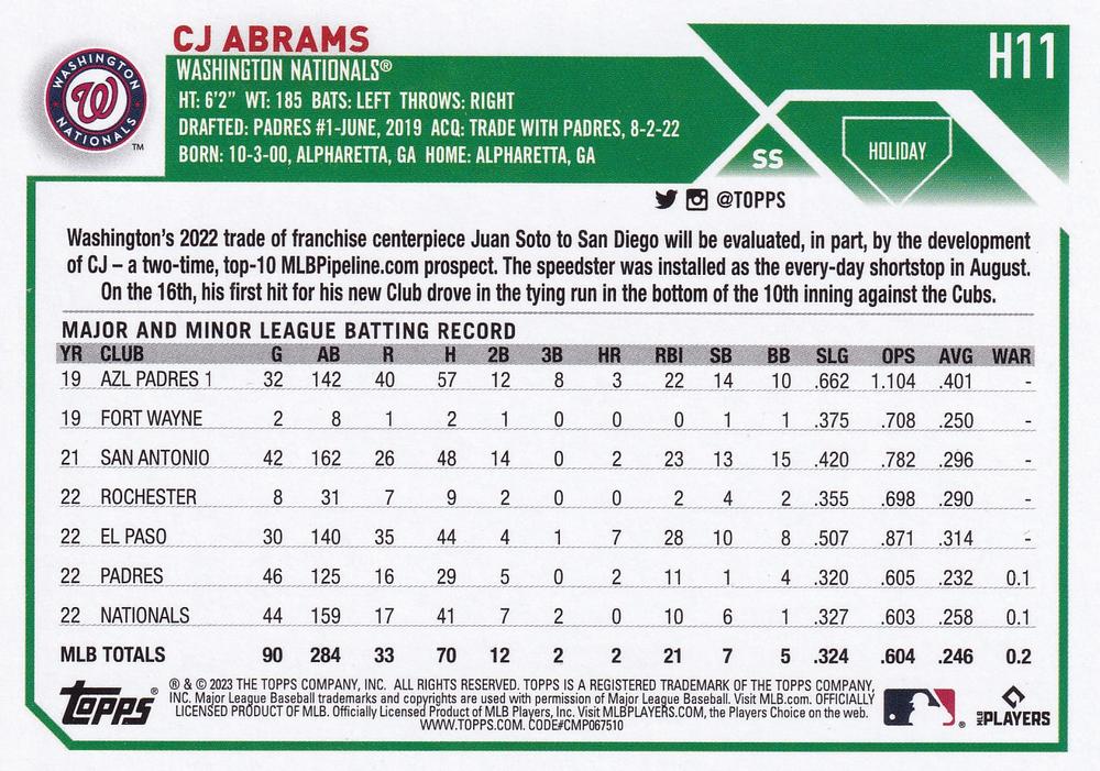 2023 Topps Holiday CJ Abrams H11 Washington Nationals