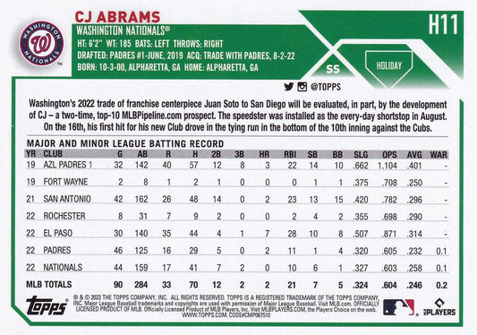 2023 Topps Holiday CJ Abrams H11 Washington Nationals