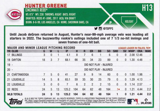 2023 Topps Holiday Hunter Greene H13 Cincinnati Reds