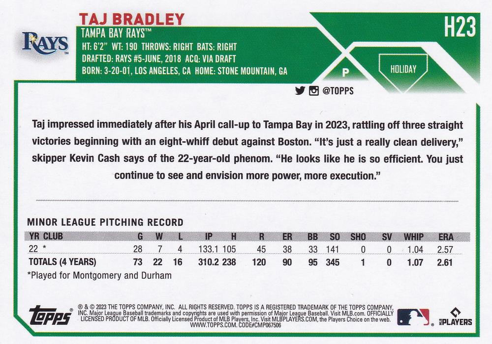 2023 Topps Holiday Taj Bradley RC H23 Tampa Bay Rays