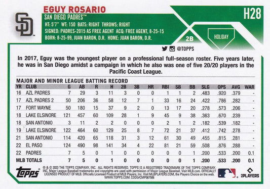 2023 Topps Holiday Eguy Rosario RC RC H28 San Diego Padres
