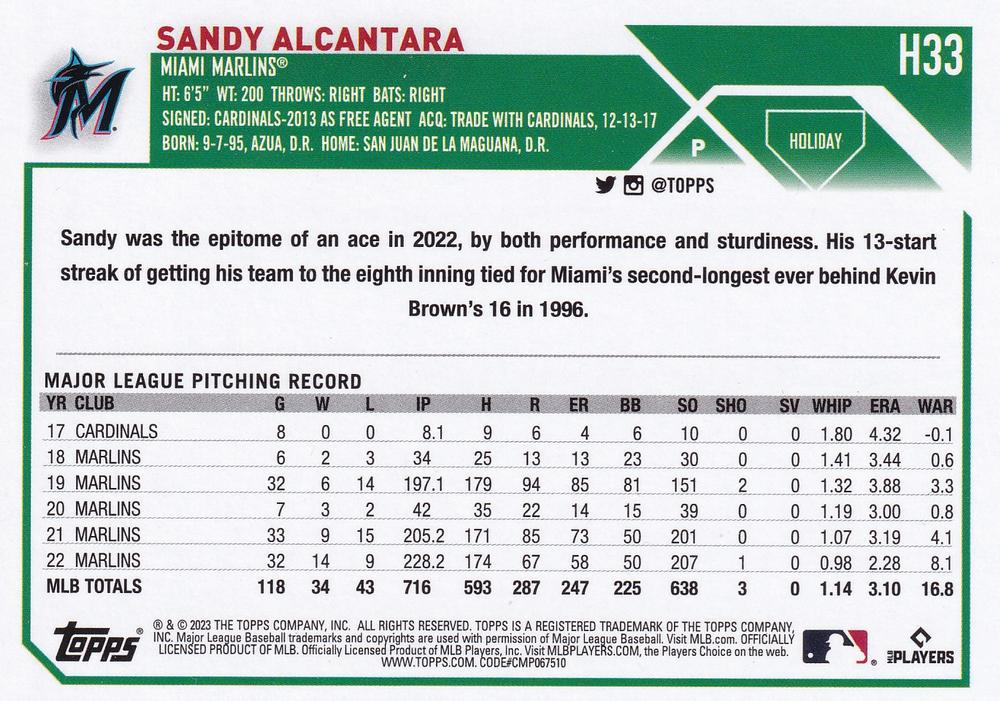 2023 Topps Holiday Sandy Alcantara H33 Miami Marlins