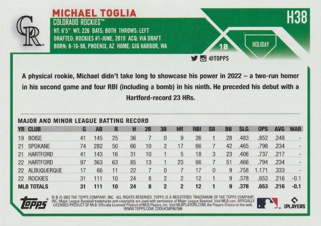 2023 Topps Holiday Michael Toglia RC H38 Colorado Rockies