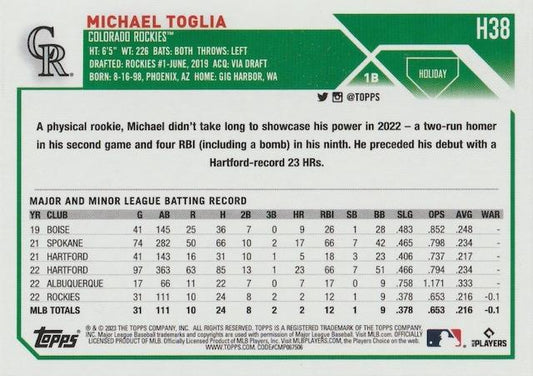 2023 Topps Holiday Michael Toglia RC H38 Colorado Rockies