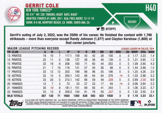 2023 Topps Holiday Gerrit Cole H40 New York Yankees