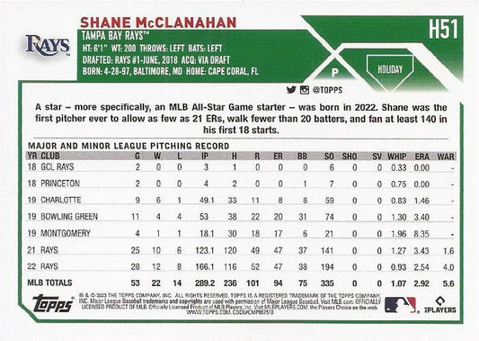 2023 Topps Holiday Shane McClanahan H51 Tampa Bay Rays