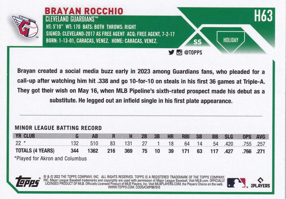 2023 Topps Holiday Brayan Rocchio RC H63 Cleveland Guardians