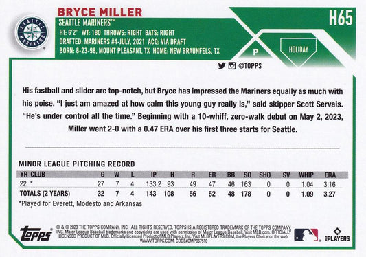 2023 Topps Holiday Bryce Miller RC H65 Seattle Mariners