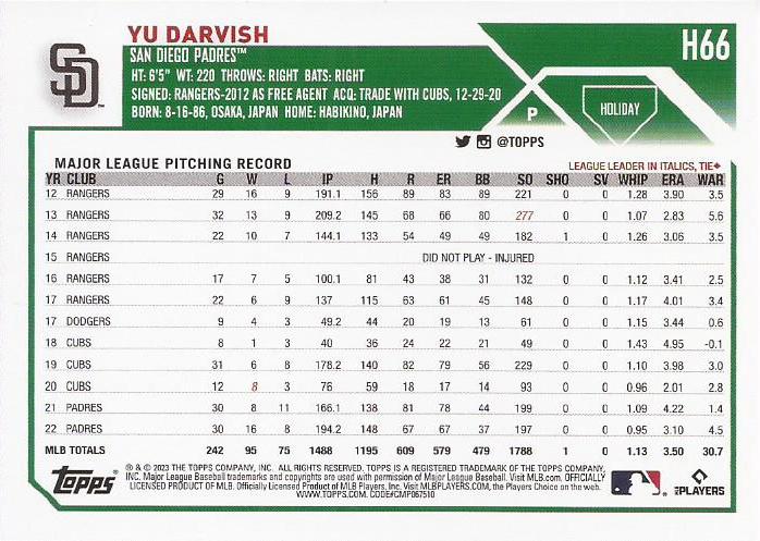 2023 Topps Holiday Yu Darvish H66 San Diego Padres