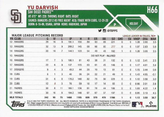 2023 Topps Holiday Yu Darvish H66 San Diego Padres