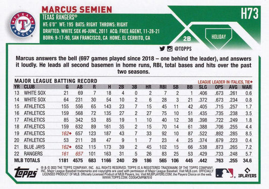 2023 Topps Holiday Marcus Semien H73 Texas Rangers