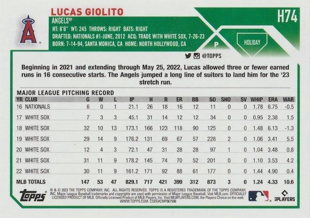 2023 Topps Holiday Lucas Giolito H74 Los Angeles Angels