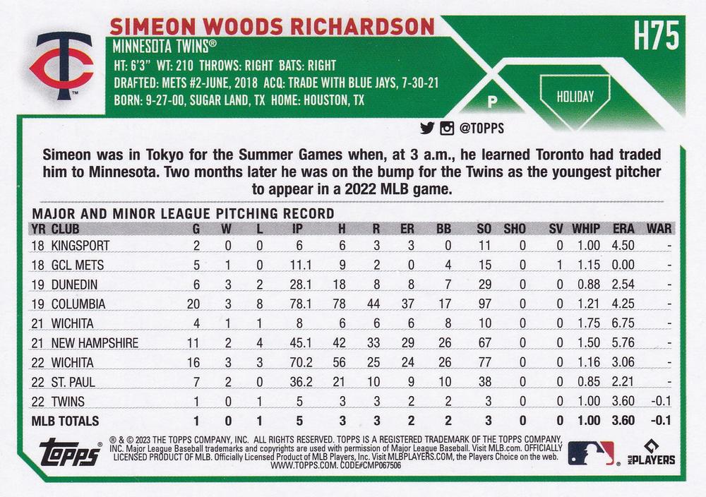 2023 Topps Holiday Simeon Woods Richardson RC H75 Minnesota Twins