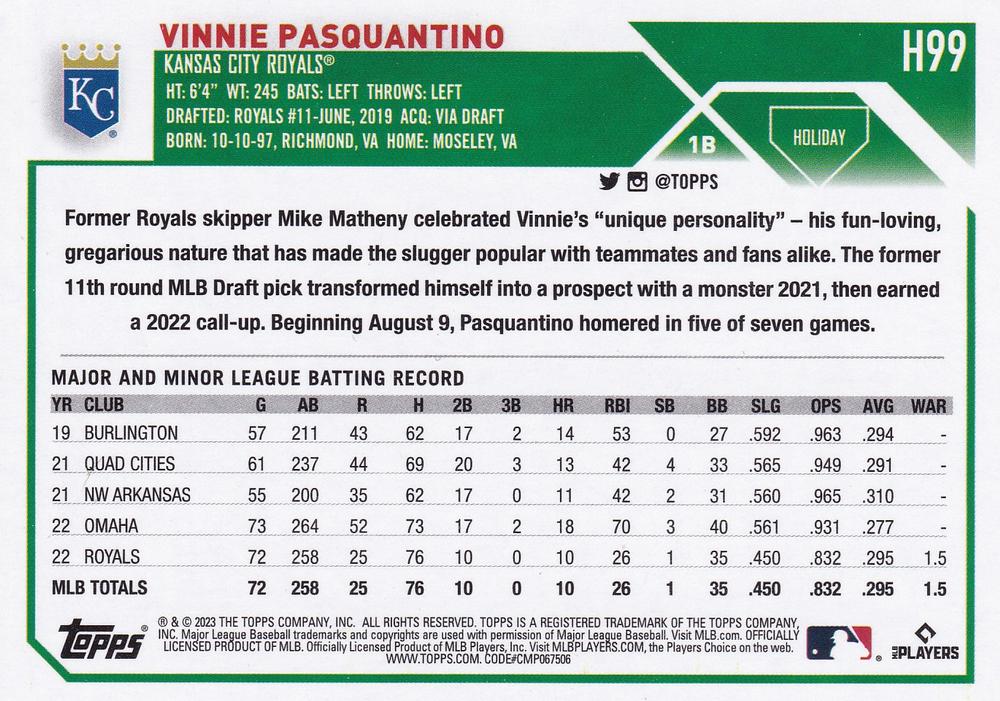 2023 Topps Holiday Vinnie Pasquantino ASR, RC H99 Kansas City Royals
