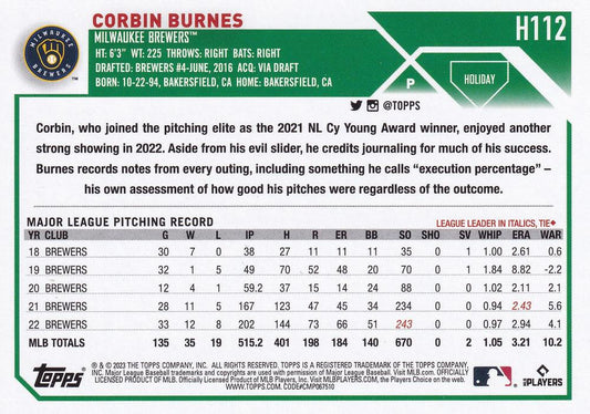 2023 Topps Holiday Corbin Burnes H112 Milwaukee Brewers