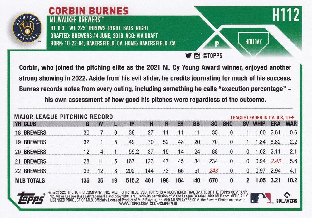 2023 Topps Holiday Corbin Burnes H112 Milwaukee Brewers