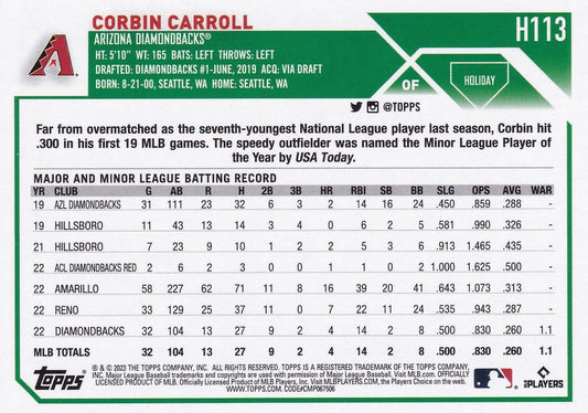 2023 Topps Holiday Corbin Carroll RC H113 Arizona Diamondbacks