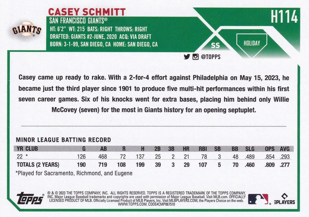 2023 Topps Holiday Casey Schmitt RC H114 San Francisco Giants