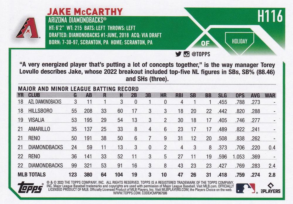 2023 Topps Holiday Jake McCarthy H116 Arizona Diamondbacks