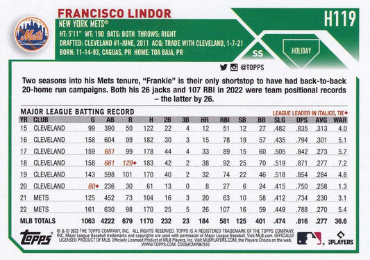 2023 Topps Holiday Francisco Lindor H119 New York Mets