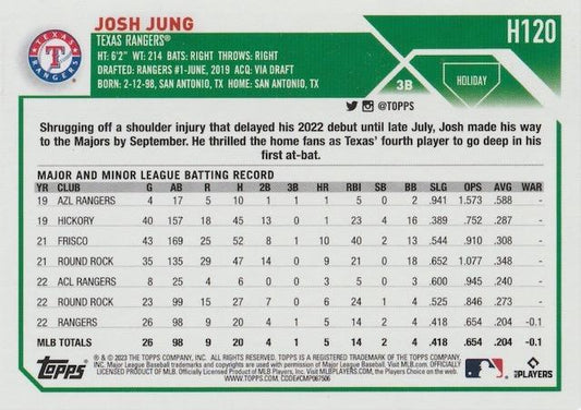 2023 Topps Holiday Josh Jung RC H120 Texas Rangers