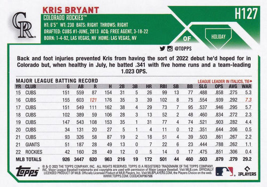 2023 Topps Holiday Kris Bryant H127 Colorado Rockies