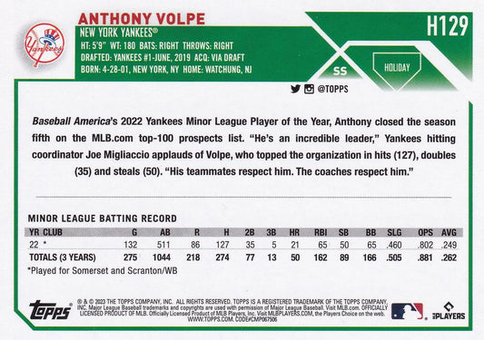 2023 Topps Holiday Anthony Volpe RC H129 New York Yankees