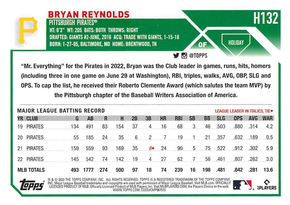 2023 Topps Holiday Bryan Reynolds H132 Pittsburgh Pirates