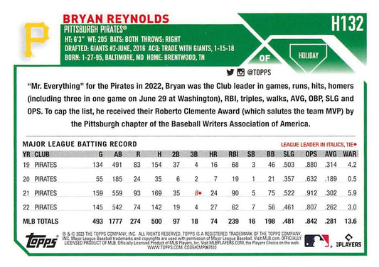 2023 Topps Holiday Bryan Reynolds H132 Pittsburgh Pirates