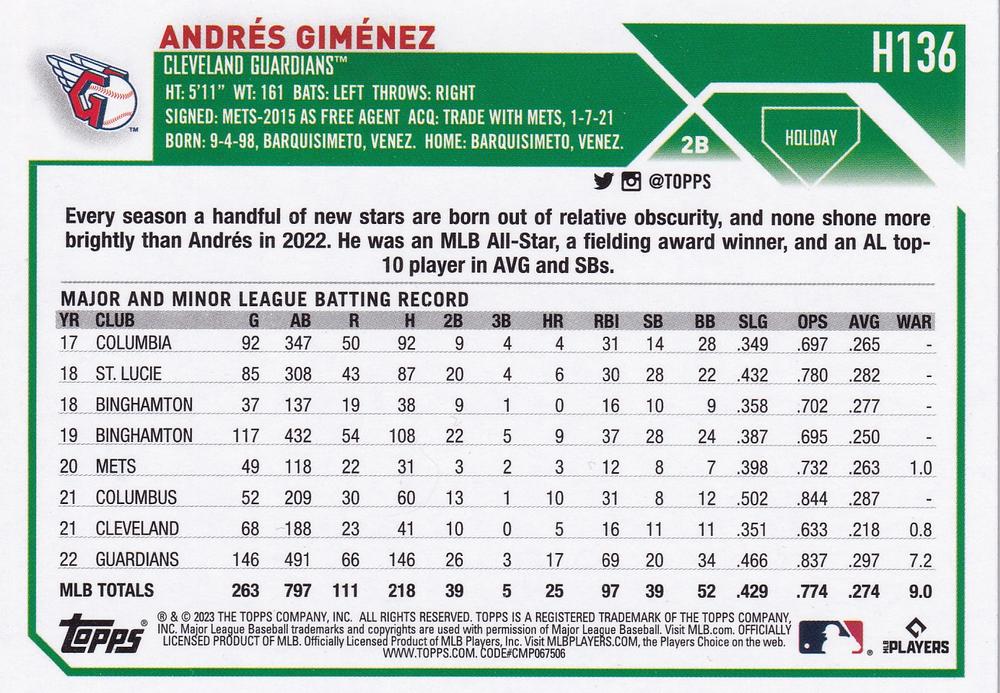 2023 Topps Holiday Andres Gimenez H136 Cleveland Guardians