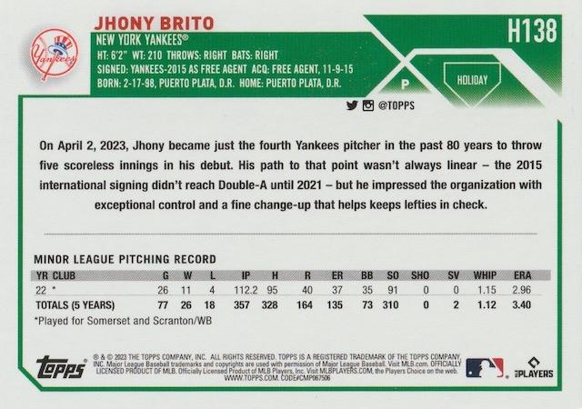2023 Topps Holiday Jhony Brito RC H138 New York Yankees