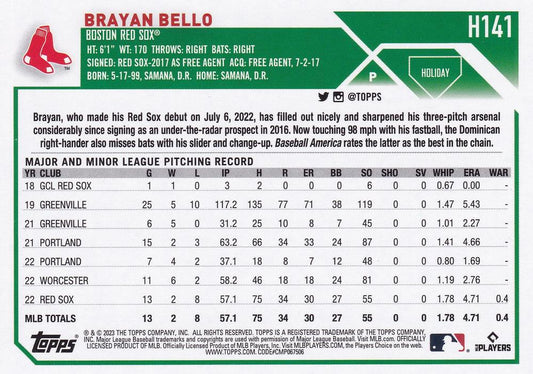 2023 Topps Holiday Brayan Bello RC H141 Boston Red Sox