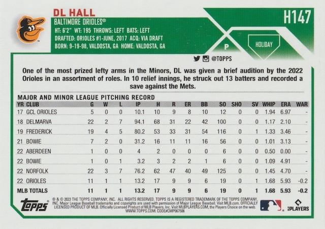 2023 Topps Holiday DL Hall RC H147 Baltimore Orioles