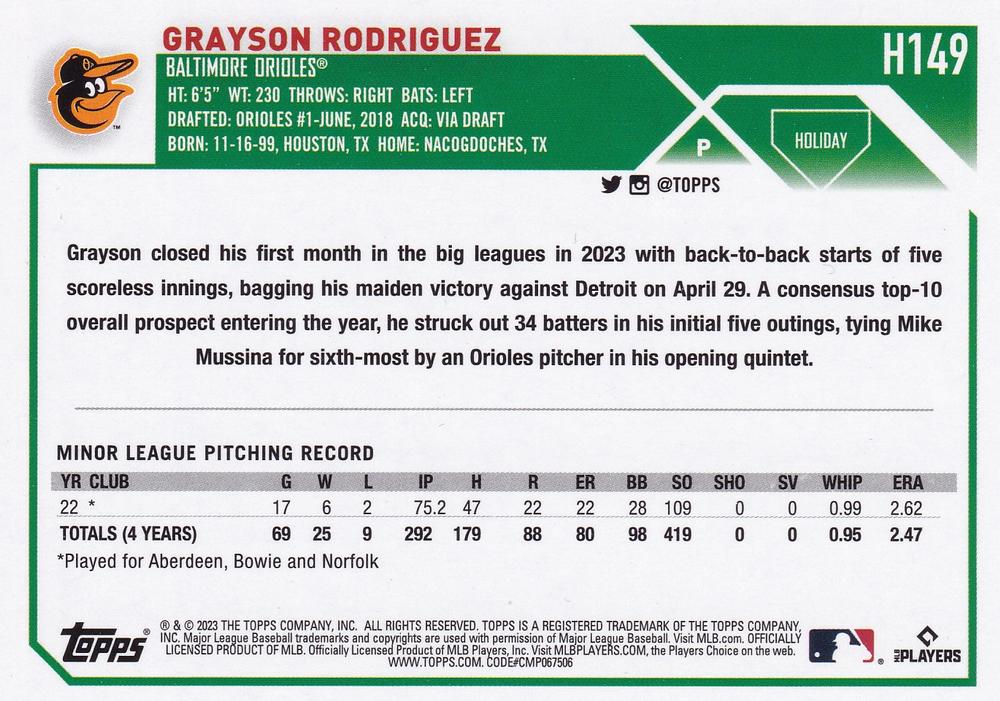 2023 Topps Holiday Grayson Rodriguez RC H149 Baltimore Orioles