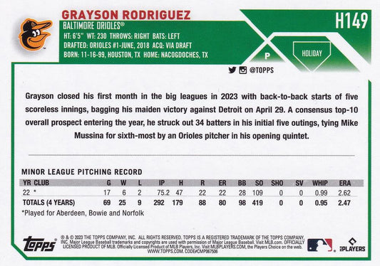 2023 Topps Holiday Grayson Rodriguez RC H149 Baltimore Orioles