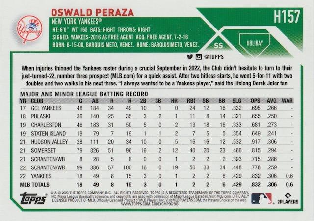 2023 Topps Holiday Oswald Peraza RC H157 New York Yankees