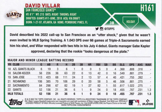 2023 Topps Holiday David Villar RC H161 San Francisco Giants