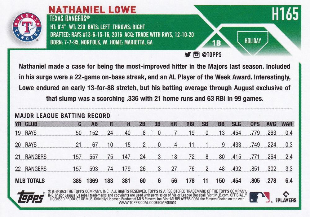 2023 Topps Holiday Nathaniel Lowe H165 Texas Rangers