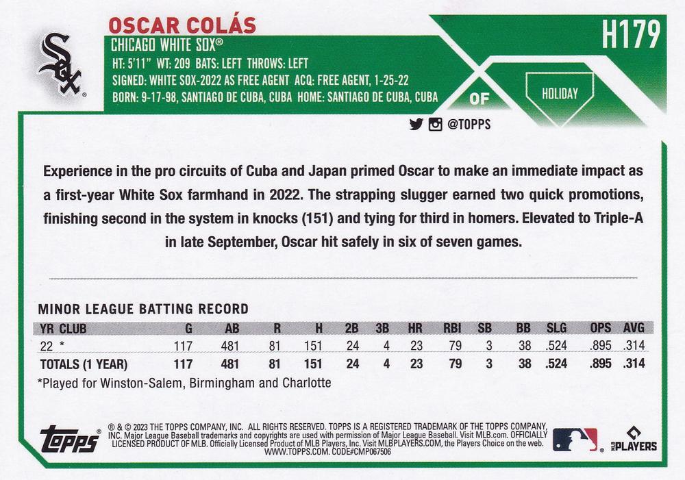 2023 Topps Holiday Oscar Colas RC H179 Chicago White Sox