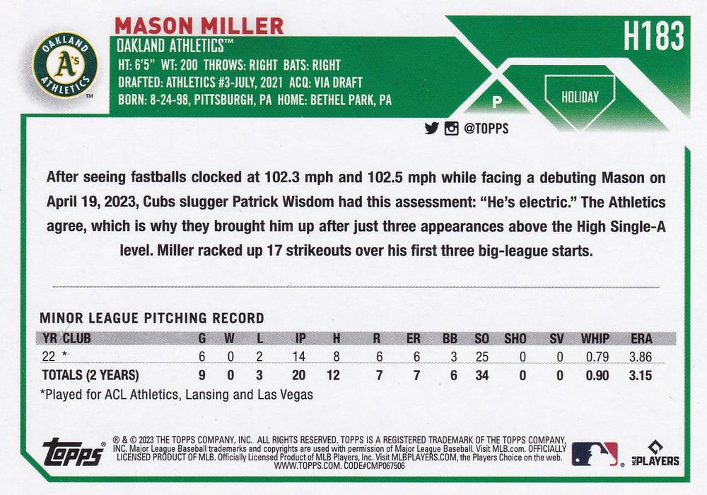 2023 Topps Holiday Mason Miller RC H183 Oakland Athletics